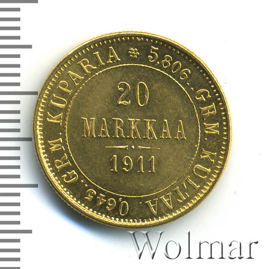 20 марок 1911 г. L. Для Финляндии (Николай II). 
